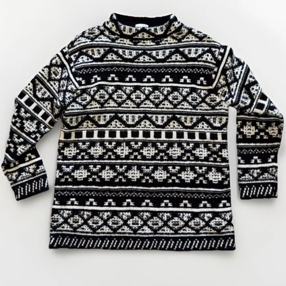 J Jill Sweater Top Sz M Cozy Wool Blend Black White Jacquard Pullover Knit Boho